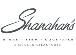 Logo of Shanahan's steakhouse with text 'Steak, Fish, Cocktails' on a white background