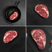 Ribeye Flight featuring Stone Axe, Westholme, and Rosewood Wagyu ribeyes alongside an Allen Brothers USDA Prime boneless ribeye.