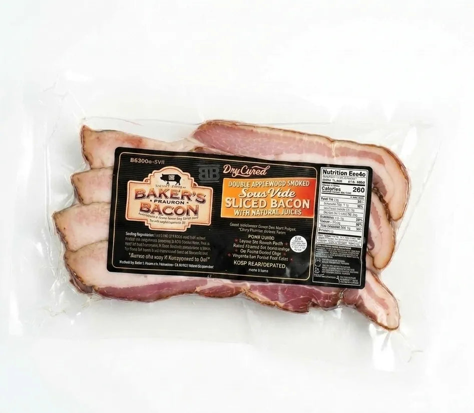 Sous Vide Extra Thick Steak Cut Bacon in vacuum-sealed pack, labeled Dry Cured • Double Applewood Smoked, showing raw, sliced bacon with nutrition facts.