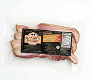 Sous Vide Extra Thick Steak Cut Bacon in vacuum-sealed pack, labeled Dry Cured • Double Applewood Smoked, showing raw, sliced bacon with nutrition facts.