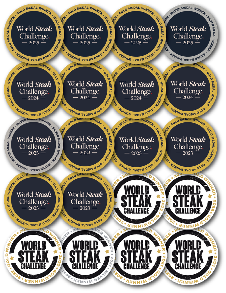 A grid of circular World Steak Challenge 2024 award coins or medallion-style badges, shown in gold, silver, black, and white color combinations. The text 'World Steak Challenge 2024' is prominently printed on each coin.