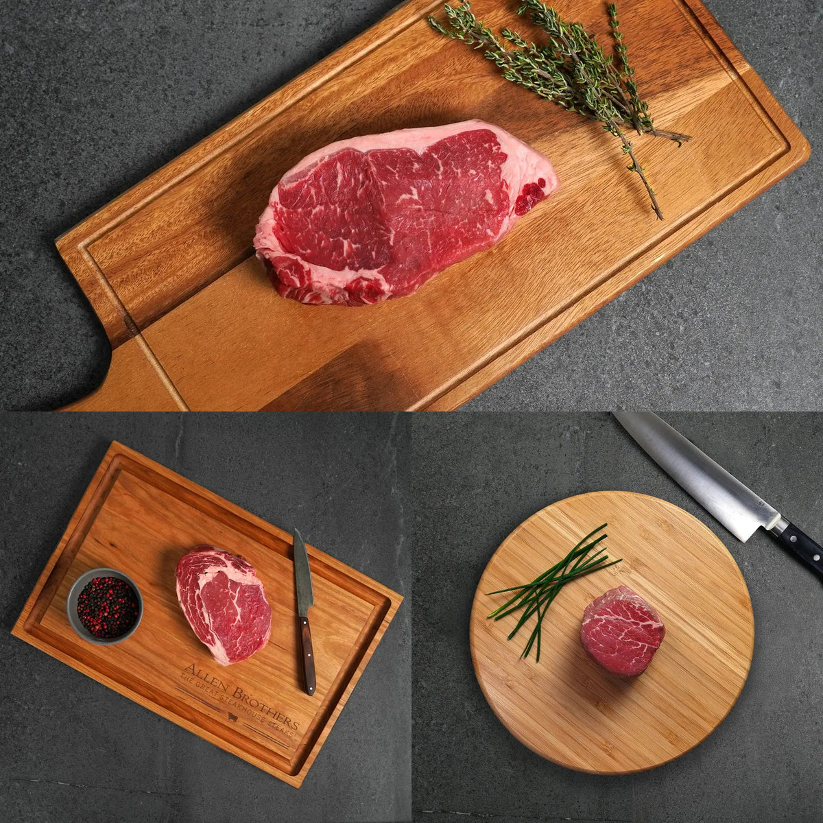 The Big Three Steak Collection featuring Choice Angus New York strip, boneless ribeye, and filet mignon.