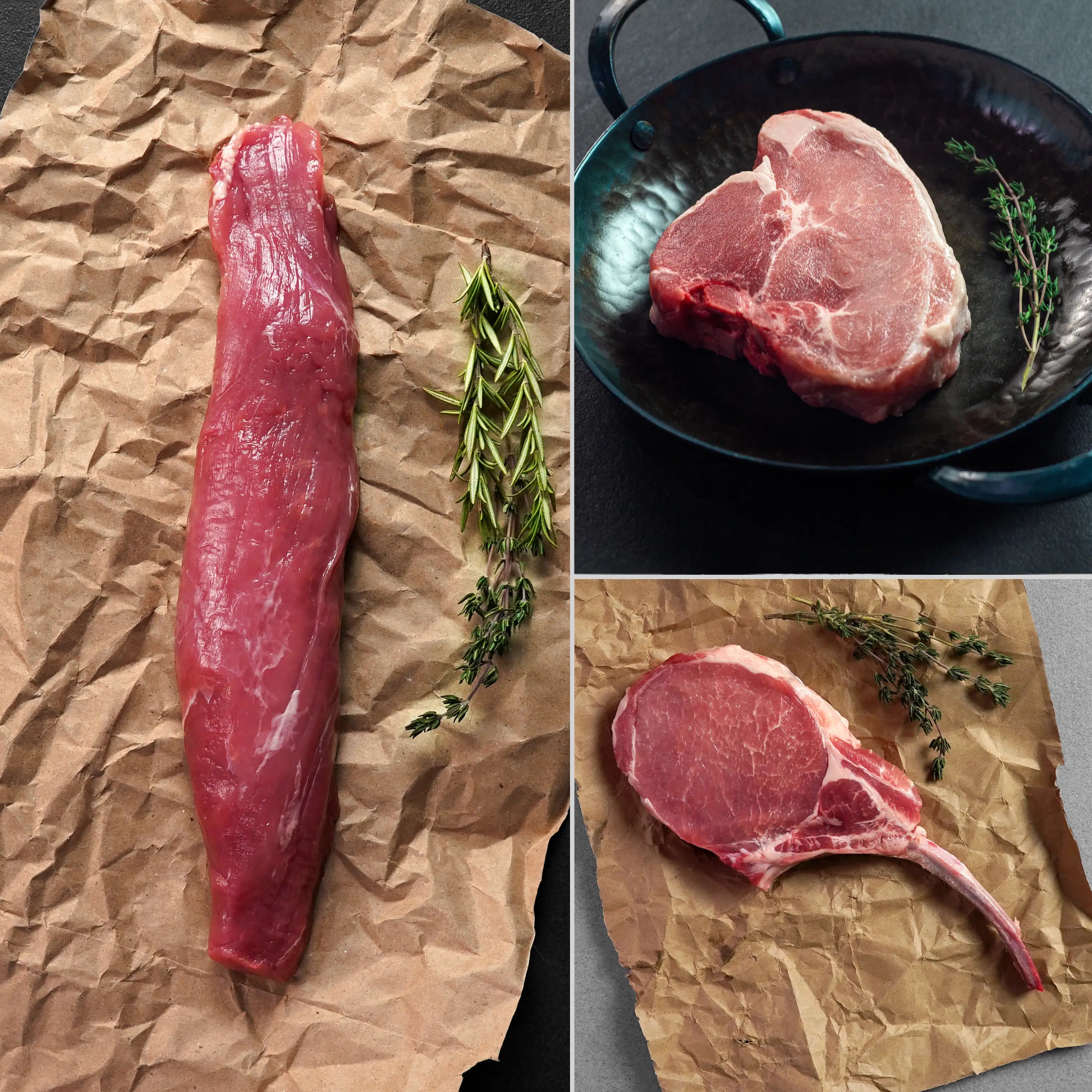 Heritage Duroc Pork Tasting Combo: raw beef tenderloin, boneless steak, and bone-in rib-eye with rosemary and thyme, ready for cooking.