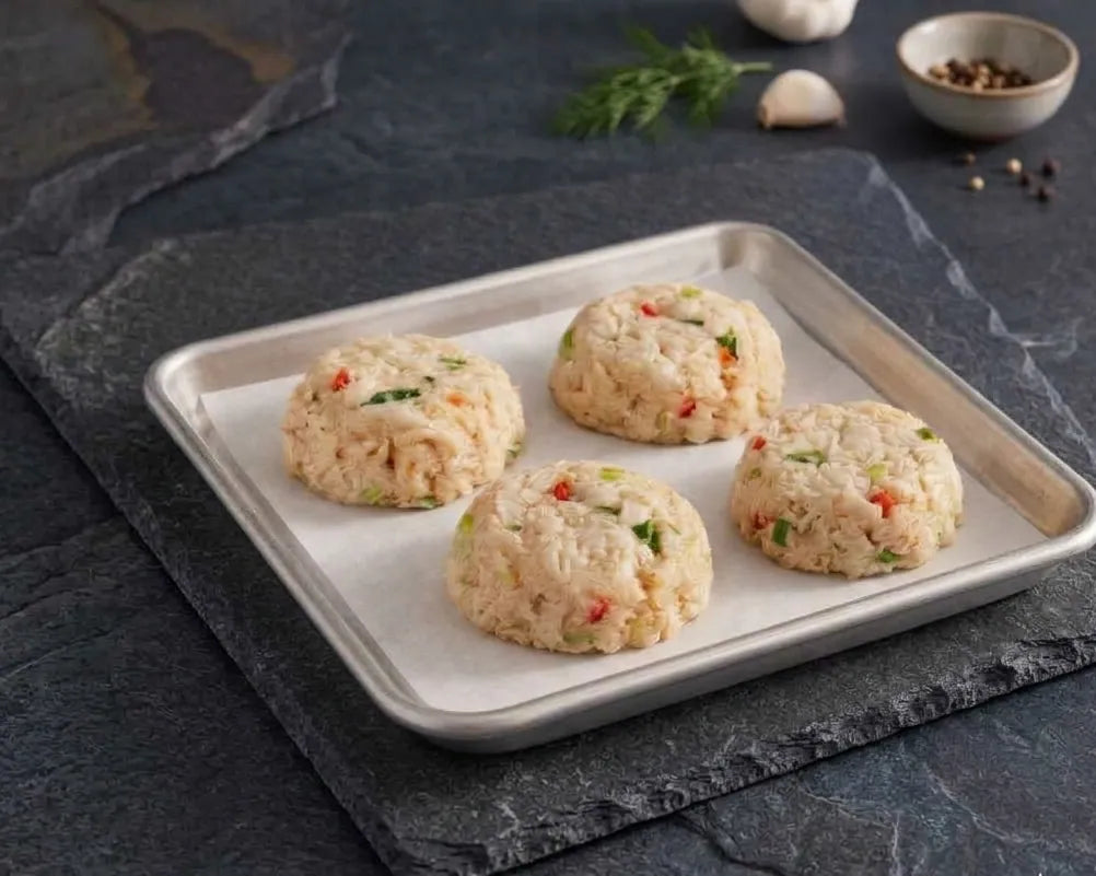 Key West Crab Cakes, uncooked, on a parchment-lined baking sheet. Each patty features crab meat with red and green vegetable bits, ready for cooking.
