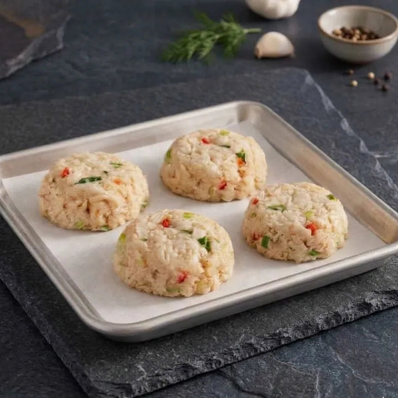 Key West Crab Cakes, uncooked, on a parchment-lined baking sheet. Each patty features crab meat with red and green vegetable bits, ready for cooking.