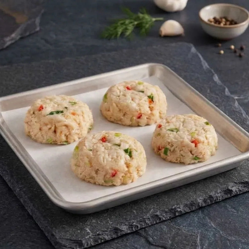 Key West Crab Cakes, uncooked, on a parchment-lined baking sheet. Each patty features crab meat with red and green vegetable bits, ready for cooking.