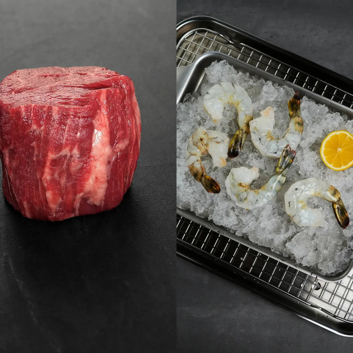 Split-screen food photography showing a raw cut of red beef on a dark slate surface on the left, and raw shrimp on crushed ice in a metal tray with a lemon wedge on the right.