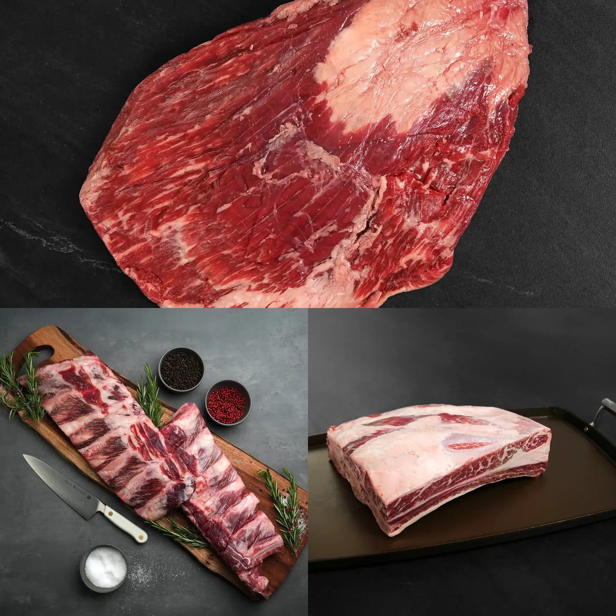 Wagyu Smoker's Delights featuring American Wagyu brisket, Wagyu beef back ribs, and Rosewood Texas Wagyu plate short ribs.